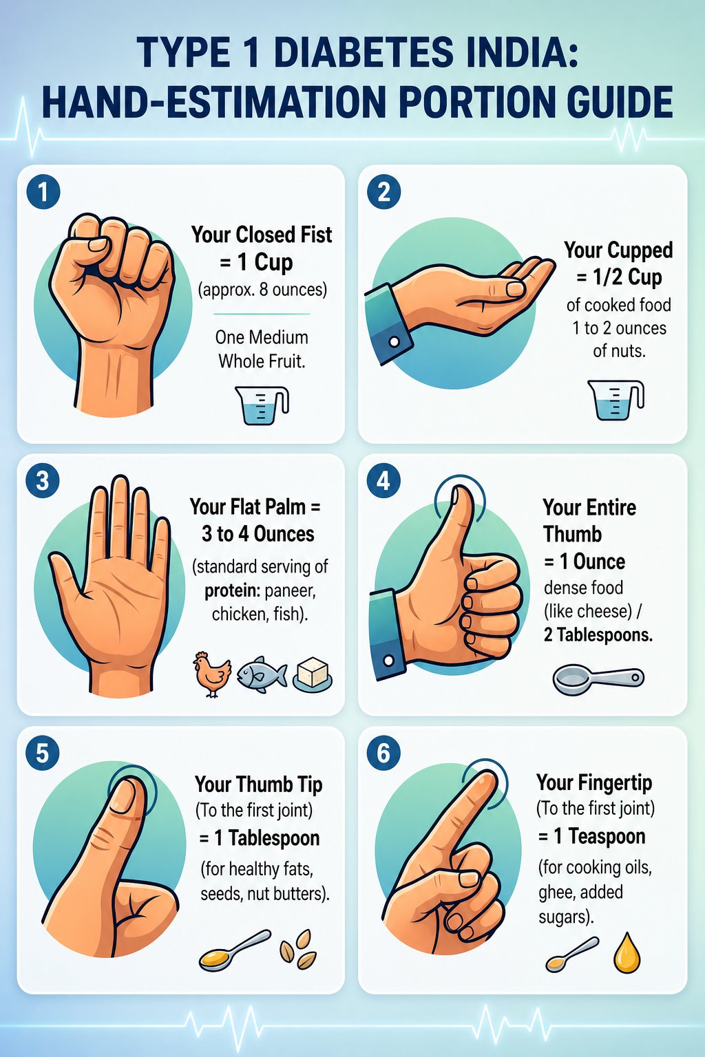 Mobile-friendly infographic explaining how to count carbs in indian meals using hand portion estimation for Type 1 diabetes, including fist, palm, thumb, and fingertip serving size guides.