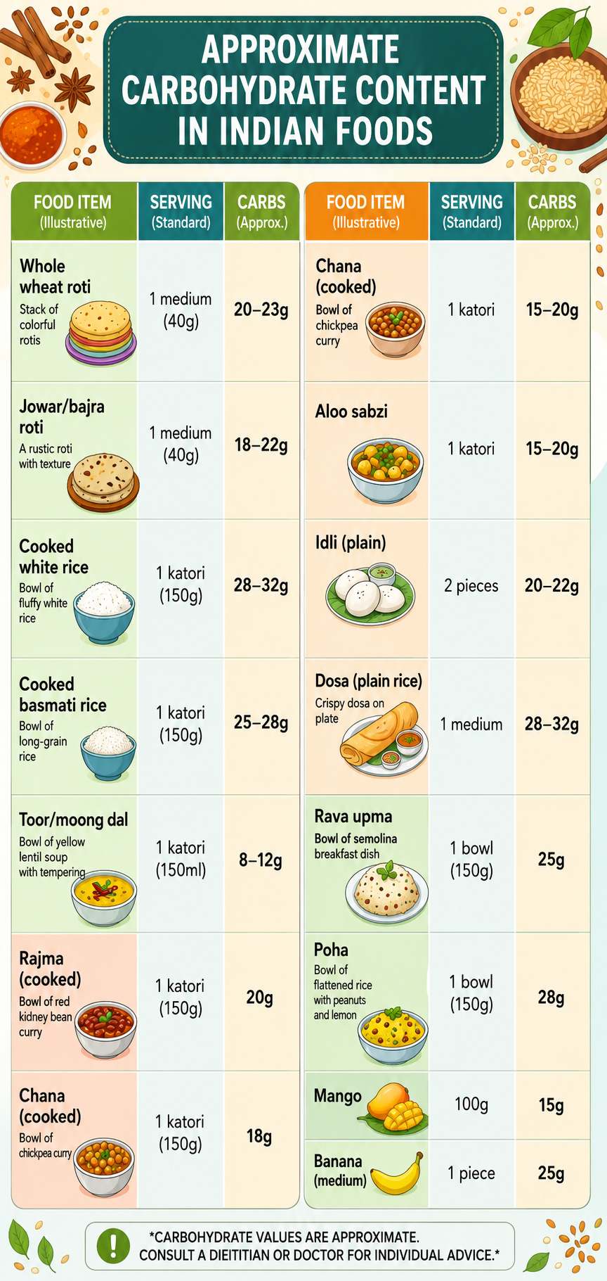 Mobile-friendly infographic showing carb counting in Indian food with approximate carbohydrate content of roti, rice, dal, dosa, idli, poha, upma, fruits, and Indian curries by serving size.