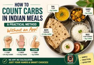 Featured image explaining how to count carbs in Indian meals using roti, rice, dal, sabzi, and hand portion methods without using an app or calculator.