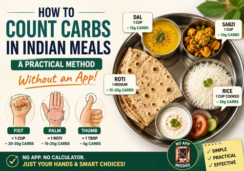 Featured image explaining how to count carbs in Indian meals using roti, rice, dal, sabzi, and hand portion methods without using an app or calculator.