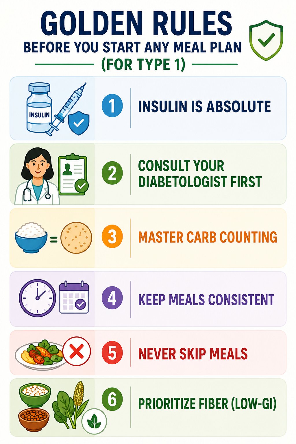 Infographic showing golden rules before starting a 7 day meal plan for type 1 diabetes, including insulin importance, carb counting, consistent meals, avoiding skipped meals, consulting a diabetologist, and prioritizing low-GI high-fiber foods.