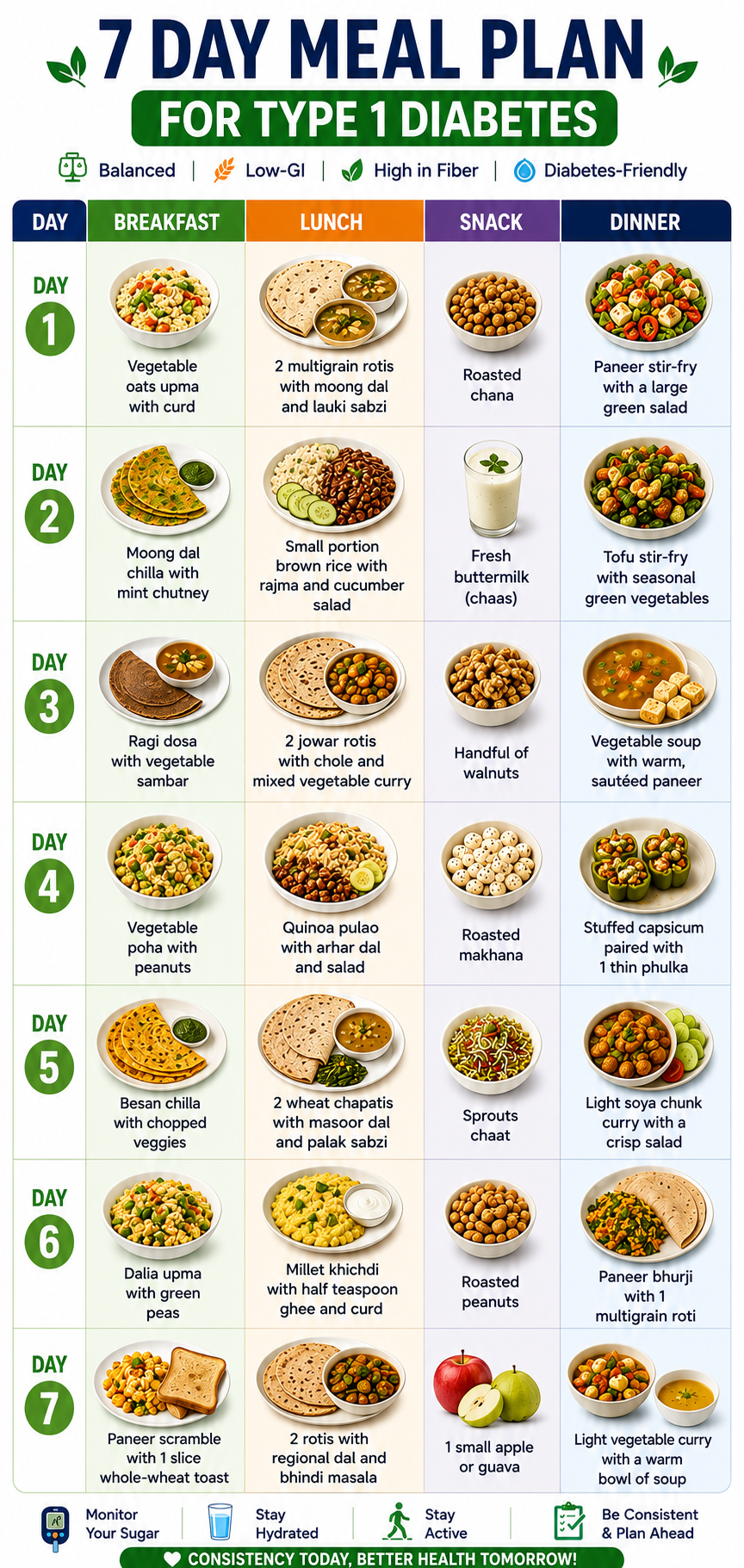 7 day indian meal plan for type 1 diabetes infographic showing Indian breakfast, lunch, snack, and dinner ideas including oats upma, multigrain rotis, quinoa pulao, paneer dishes, millet khichdi, and diabetes-friendly low-GI meals.