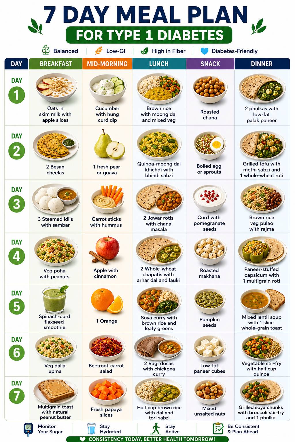 Colorful infographic of a 7 day meal plan for type 1 diabetes featuring healthy Indian meals such as besan cheela, idli, brown rice, dal, tofu, paneer, quinoa, sprouts, and low-GI high-fiber diabetes-friendly foods.