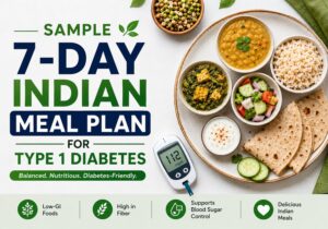 Featured image for a 7 day Indian meal plan for type 1 diabetes showing healthy Indian foods including brown rice, dal, chapati, paneer, salad, and low-GI balanced meals for blood sugar control.