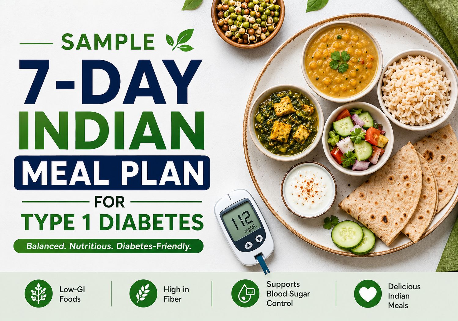 Featured image for a 7 day Indian meal plan for type 1 diabetes showing healthy Indian foods including brown rice, dal, chapati, paneer, salad, and low-GI balanced meals for blood sugar control.