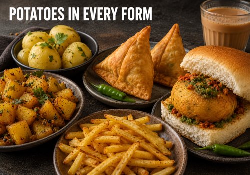 Realistic image of Indian potato-based foods including aloo sabzi, samosa, fries, and vada pav with the text “Potatoes in Every Form” highlighting foods that spike blood sugar in India