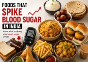 Featured image showing popular Indian foods like white rice, roti, samosa, vada pav, fries, bread, cake, and potatoes with a glucose meter and rising graph, highlighting foods that spike blood sugar in India