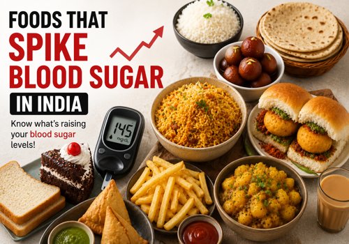 Featured image showing popular Indian foods like white rice, roti, samosa, vada pav, fries, bread, cake, and potatoes with a glucose meter and rising graph, highlighting foods that spike blood sugar in India