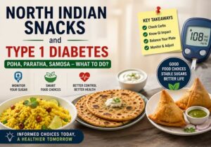 “Featured image for North Indian snacks and Type 1 Diabetes article showing poha, paratha, and samosa with blood sugar monitoring concepts and healthy eating tips for better diabetes management.”