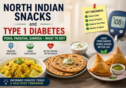 “Featured image for North Indian snacks and Type 1 Diabetes article showing poha, paratha, and samosa with blood sugar monitoring concepts and healthy eating tips for better diabetes management.”