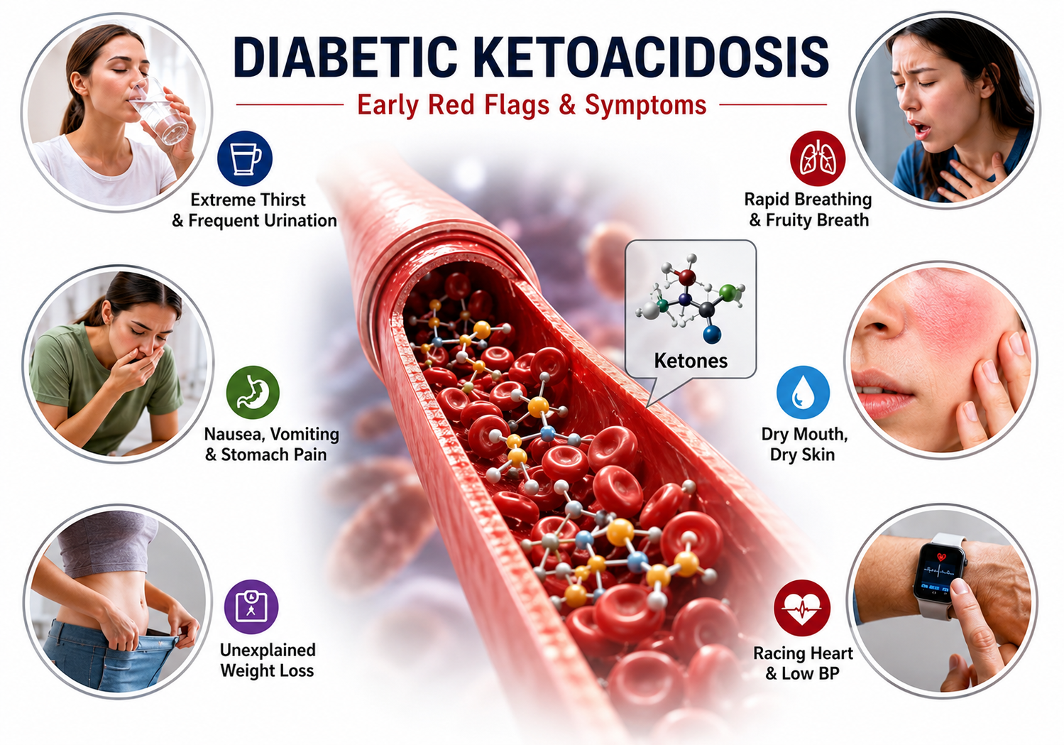 Realistic medical infographic showing early type 1 diabetes symptoms in India and diabetic ketoacidosis signs including excessive thirst, frequent urination, nausea, rapid breathing, fruity breath, dehydration, and unexplained weight loss.