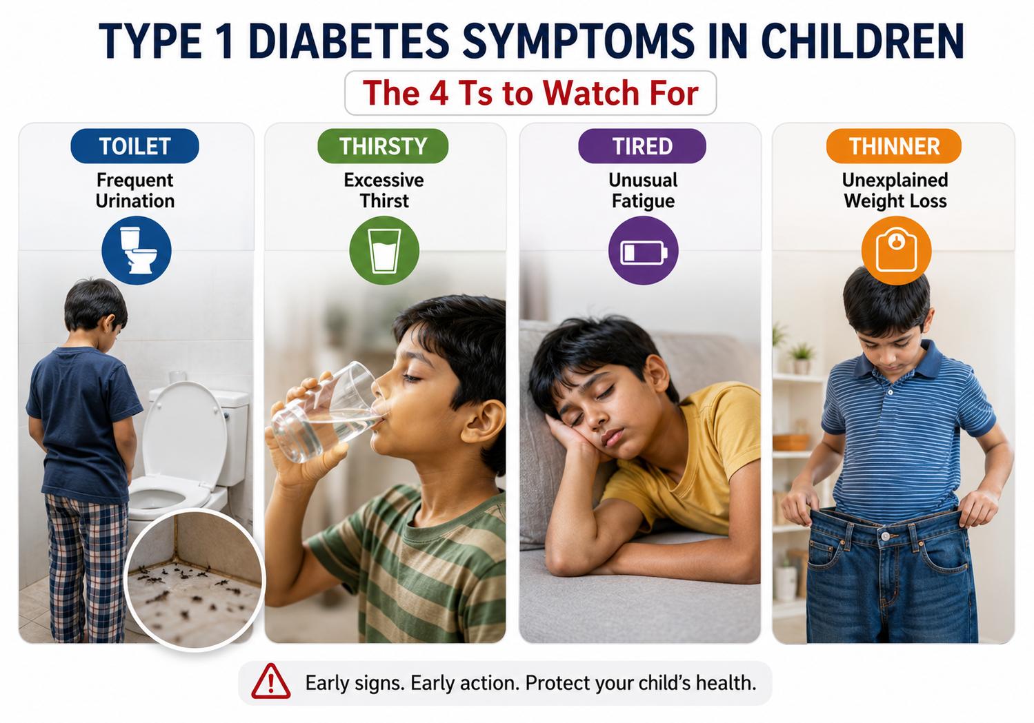 Realistic pediatric health infographic showing the 4 Ts of type 1 diabetes symptoms in India including frequent urination, excessive thirst, unusual fatigue, and unexplained weight loss in children, with visual signs like bedwetting, constant water drinking, tiredness, and rapid slimming.