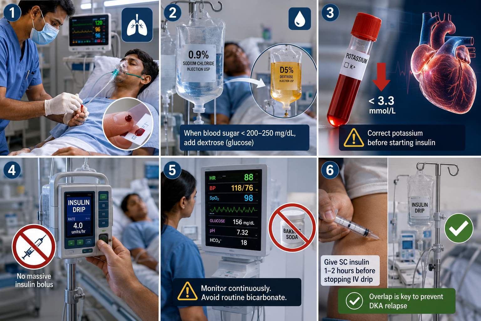 Realistic medical infographic showing step-by-step diabetic ketoacidosis treatment in a hospital including IV fluids, potassium correction, insulin drip therapy, blood sugar monitoring, and prevention of DKA relapse with continuous medical supervision.