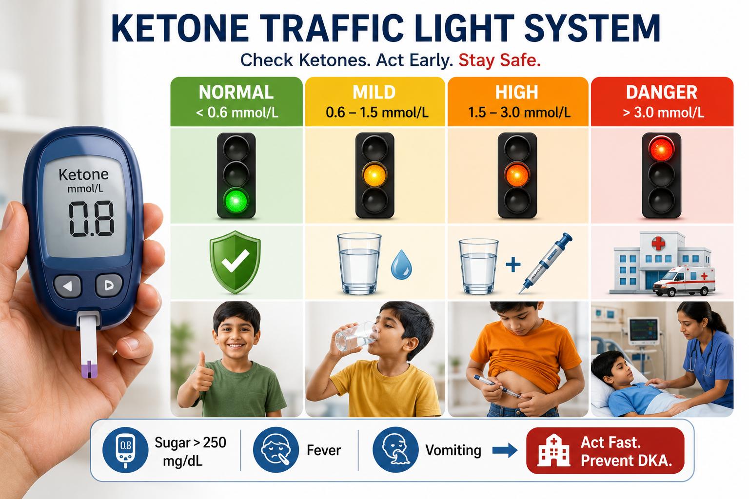 Realistic 3D medical infographic explaining the diabetic ketoacidosis ketone traffic light system with blood ketone meter readings showing normal, mild, high, and danger ketone levels, along with hydration, insulin correction, and emergency hospital care guidance.
