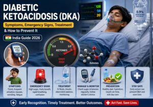 Realistic 3D featured image about diabetic ketoacidosis showing a hospitalized child with high ketone levels, blood glucose meter, IV fluids, emergency warning signs, insulin treatment, and prevention strategies in a medical hospital setting.