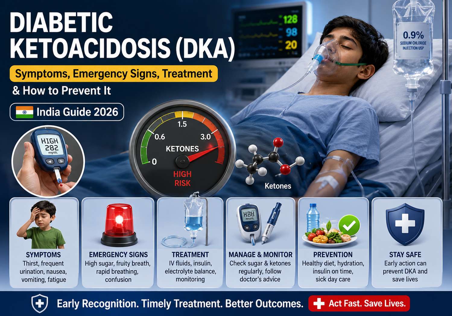 Realistic 3D featured image about diabetic ketoacidosis showing a hospitalized child with high ketone levels, blood glucose meter, IV fluids, emergency warning signs, insulin treatment, and prevention strategies in a medical hospital setting.