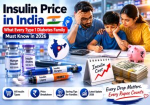 Realistic 3D featured image showing the rising insulin price in India with an Indian family calculating diabetes treatment costs, insulin pens and vials, medical supplies, money, and savings concepts related to Type 1 diabetes care in 2026.