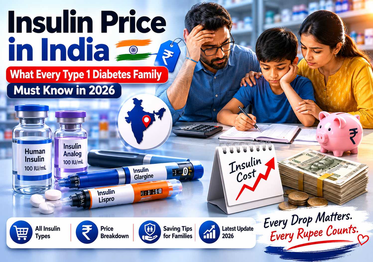 Realistic 3D featured image showing the rising insulin price in India with an Indian family calculating diabetes treatment costs, insulin pens and vials, medical supplies, money, and savings concepts related to Type 1 diabetes care in 2026.