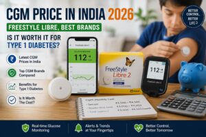 Realistic 3D health blog featured image showing CGM prices in India with FreeStyle Libre continuous glucose monitor devices, real-time glucose tracking screens, a child using a CGM sensor, diabetes management tools, and cost comparison elements for Type 1 diabetes care in 2026.
