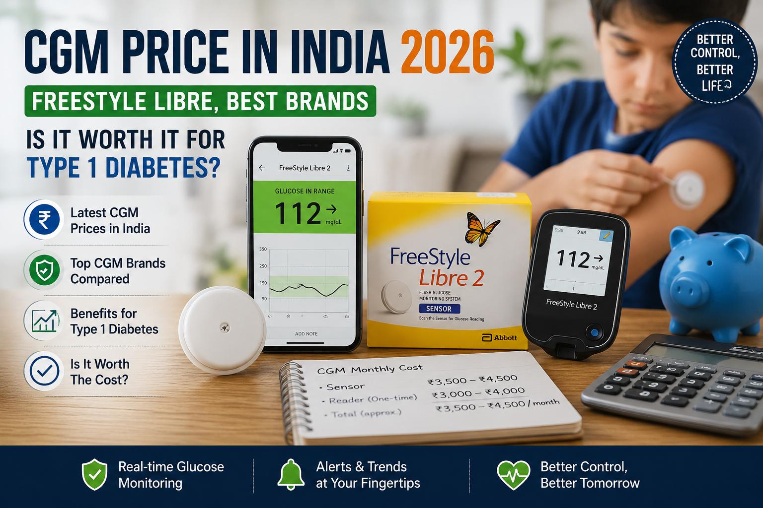 Realistic 3D health blog featured image showing CGM prices in India with FreeStyle Libre continuous glucose monitor devices, real-time glucose tracking screens, a child using a CGM sensor, diabetes management tools, and cost comparison elements for Type 1 diabetes care in 2026.