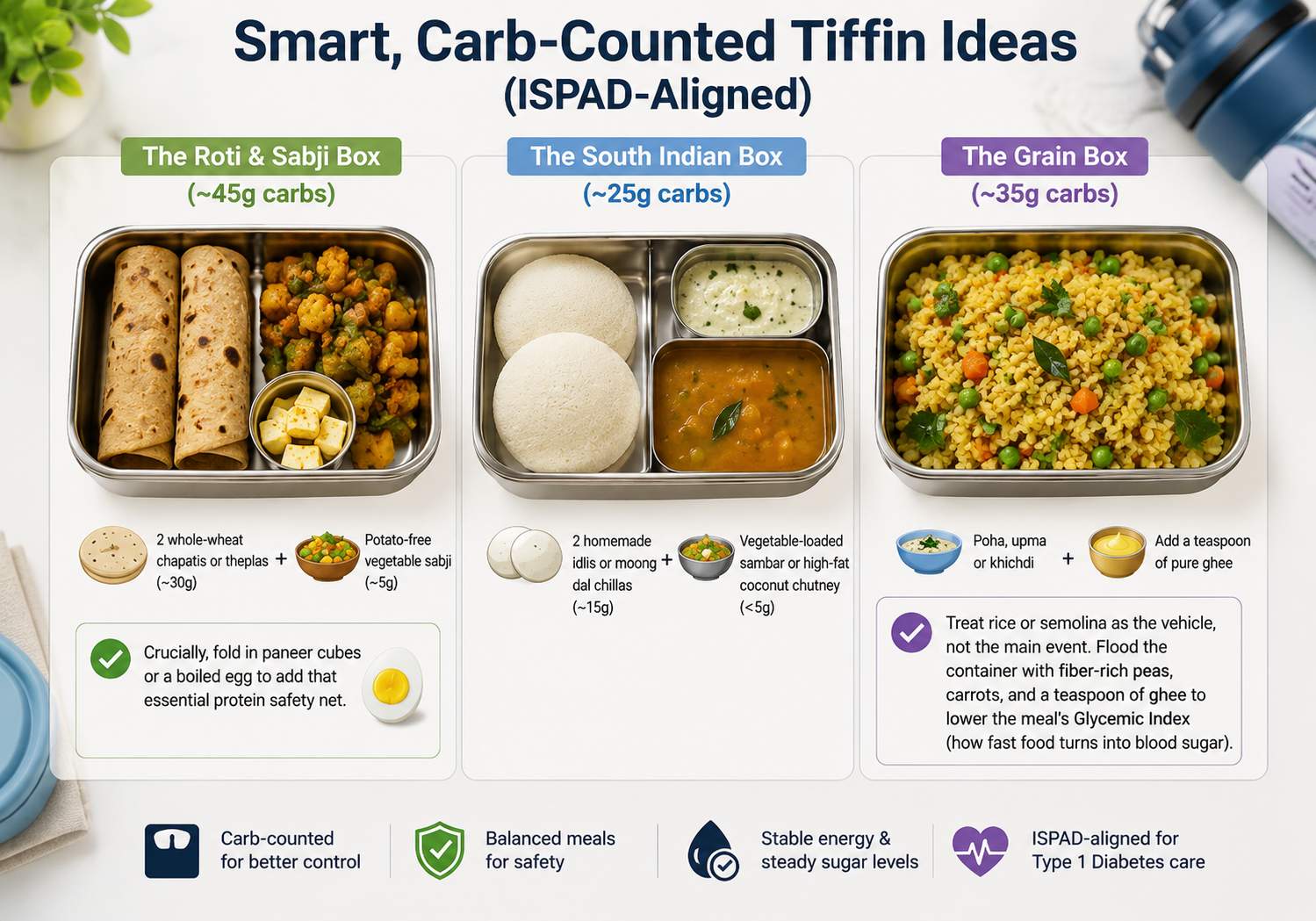 Realistic 3D infographic showing smart carb-counted Indian tiffin ideas for type 1 diabetes in children India, including roti sabji, idli sambar, and vegetable-rich poha or khichdi meals for healthy blood sugar management
