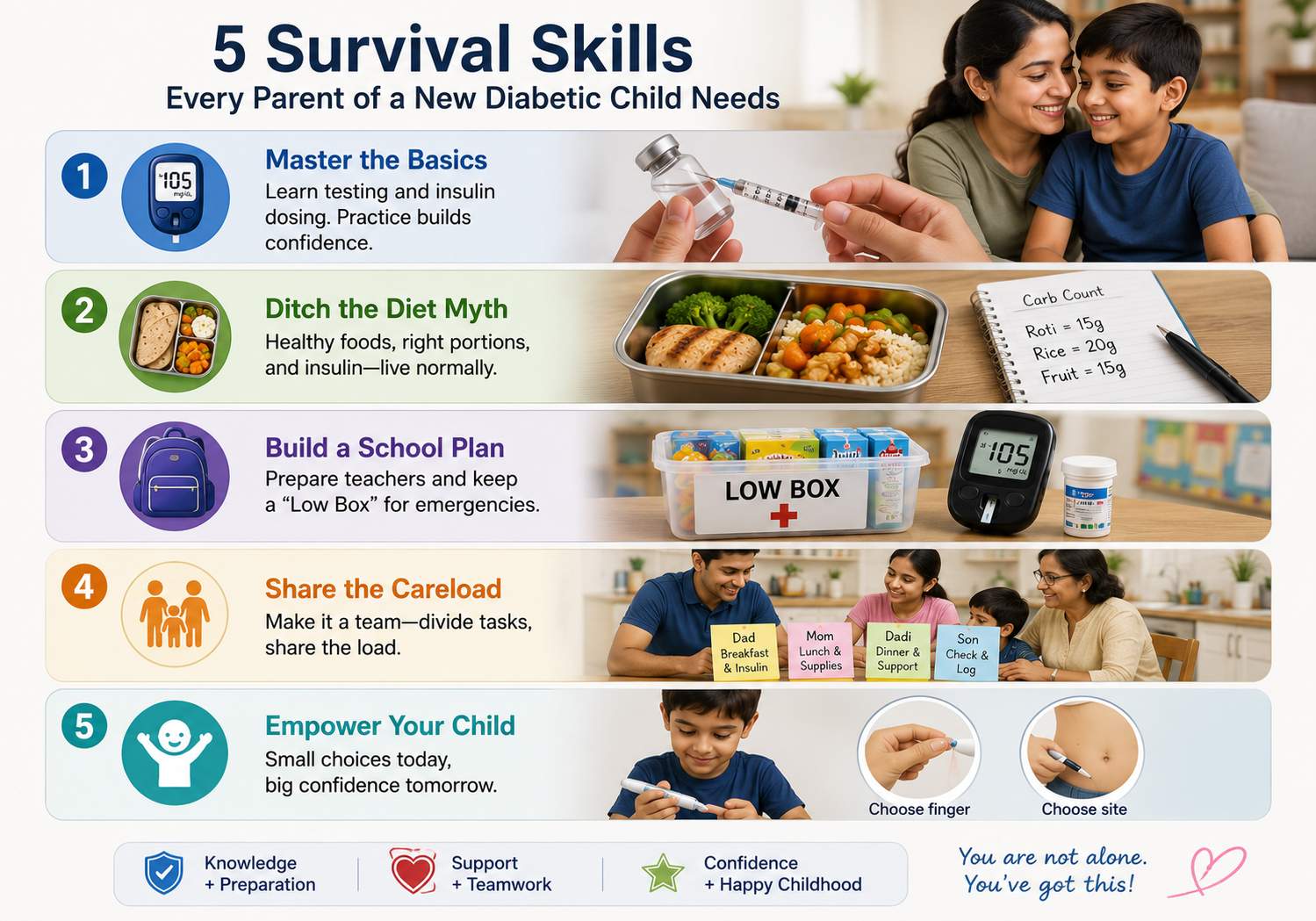 Realistic 3D infographic showing essential survival skills for parents managing type 1 diabetes in children India, including insulin injections, carb counting, school emergency plans, family support, and child empowerment.