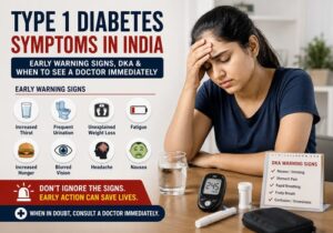 Type 1 diabetes symptoms in India featured image showing an Indian woman with fatigue, high blood sugar warning signs, DKA symptoms, glucometer, and early diabetes symptoms infographic.