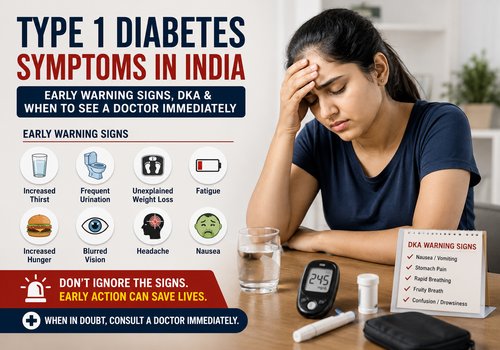 Type 1 diabetes symptoms in India featured image showing an Indian woman with fatigue, high blood sugar warning signs, DKA symptoms, glucometer, and early diabetes symptoms infographic.