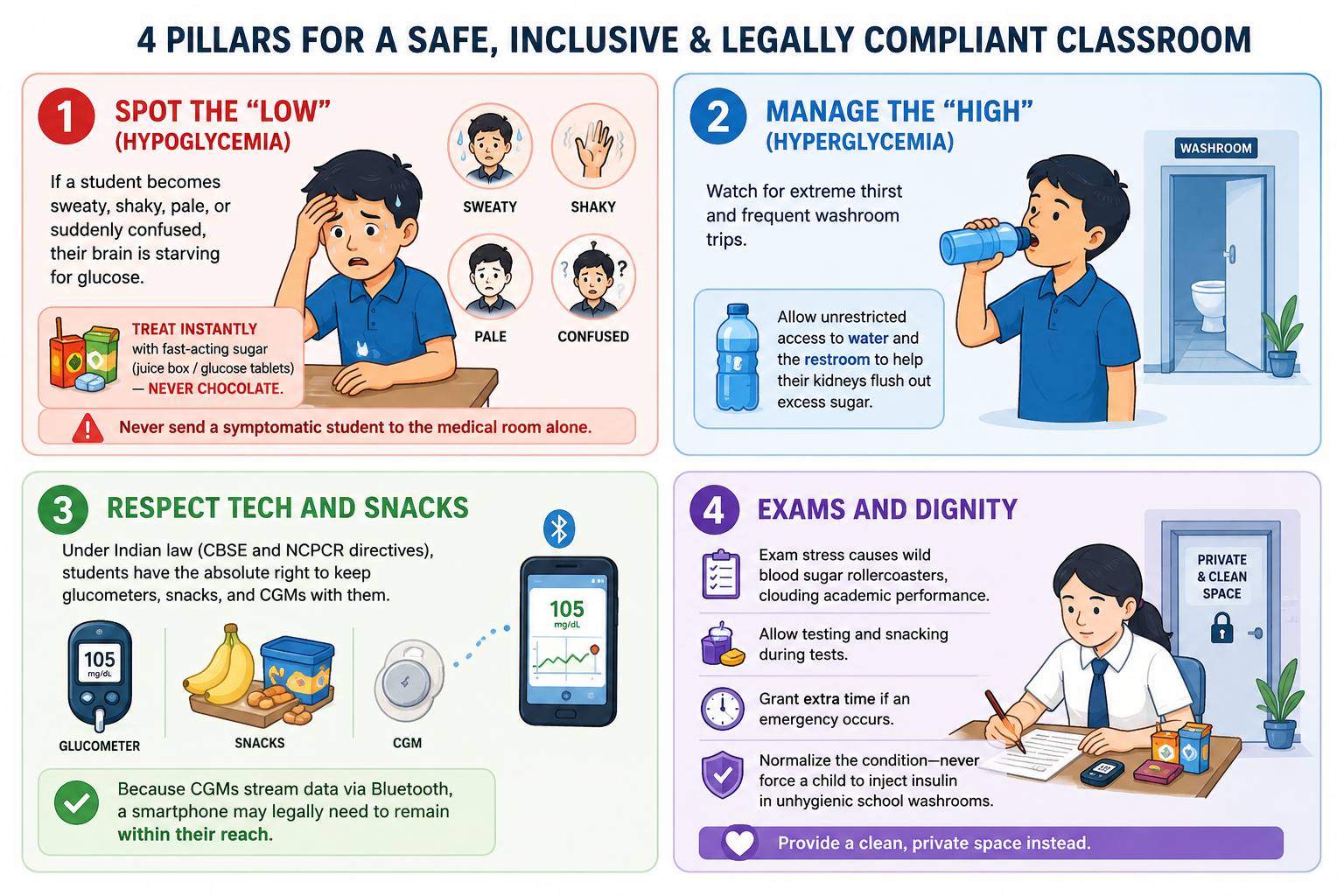 Infographic showing classroom safety guidelines for students with type 1 diabetes at school in India, including treatment of hypoglycemia, hyperglycemia management, diabetes technology rights, and exam accommodations.