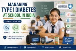 Featured image showing a schoolgirl with type 1 diabetes in an Indian classroom, along with diabetes care supplies and illustrations representing safety, blood sugar management, technology rights, and support for type 1 diabetes at school in India.