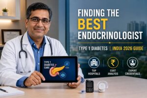 Indian endocrinologist holding a tablet showing type 1 diabetes care information in a modern hospital, illustrating a guide to finding the best endocrinologist for type 1 diabetes in India.