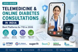 Telemedicine and Online Diabetes Consultations in India showing virtual diabetes care, glucose monitoring, and top T1D platforms for 2026.