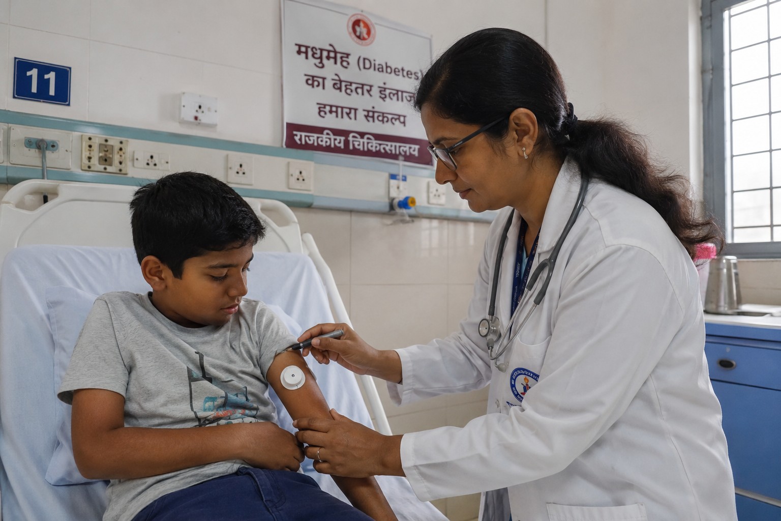 Government Hospitals and Free Treatment for Type 1 Diabetes in India showing a doctor providing diabetes care to a child patient.