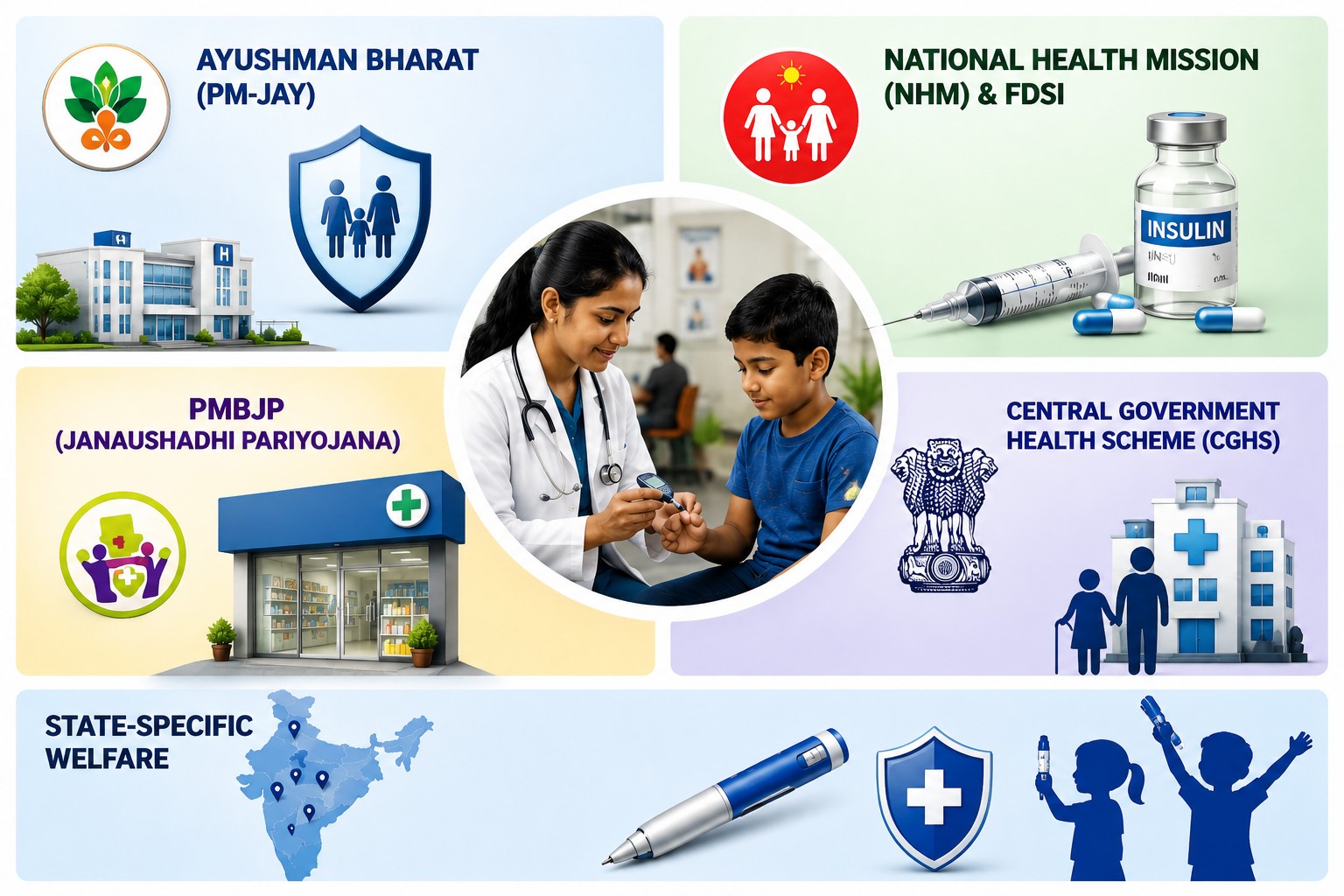 Key Government Schemes & Access Points

Beyond the national childhood framework, several established schemes provide critical coverage for T1D management:

Ayushman Bharat (PM-JAY): This world-leading scheme provides cashless, paperless coverage of up to ₹5 lakh per family annually for secondary and tertiary hospitalizations. It is vital for managing severe T1D complications like Diabetic Ketoacidosis (DKA).

National Health Mission (NHM) & FDSI: The Free Drugs Service Initiative supports states in ensuring that essential medicines, specifically including insulin, are stocked and provided free of charge at public facilities.

PMBJP (Janaushadhi Pariyojana): This initiative focuses on affordability, making quality generic insulin and related supplies accessible at highly subsidized prices through dedicated stores across the country.

Central Government Health Scheme (CGHS): Specifically for central government employees and pensioners, CGHS offers comprehensive outpatient consultations, diagnostic tests, and free supplies of insulin through designated wellness centers.

State-Specific Welfare: Many states now offer additional layers of protection. For instance, recent budget announcements in states like Karnataka have mandated free insulin pens for all registered T1D patients under 18, ensuring that treatment is not dictated by a family's financial status.