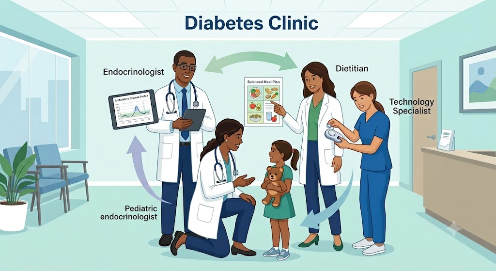 Complete Type 1 Diabetes Care Team in a diabetes clinic showing an endocrinologist, pediatric endocrinologist, dietitian, and technology specialist working together to support a child with Type 1 Diabetes.