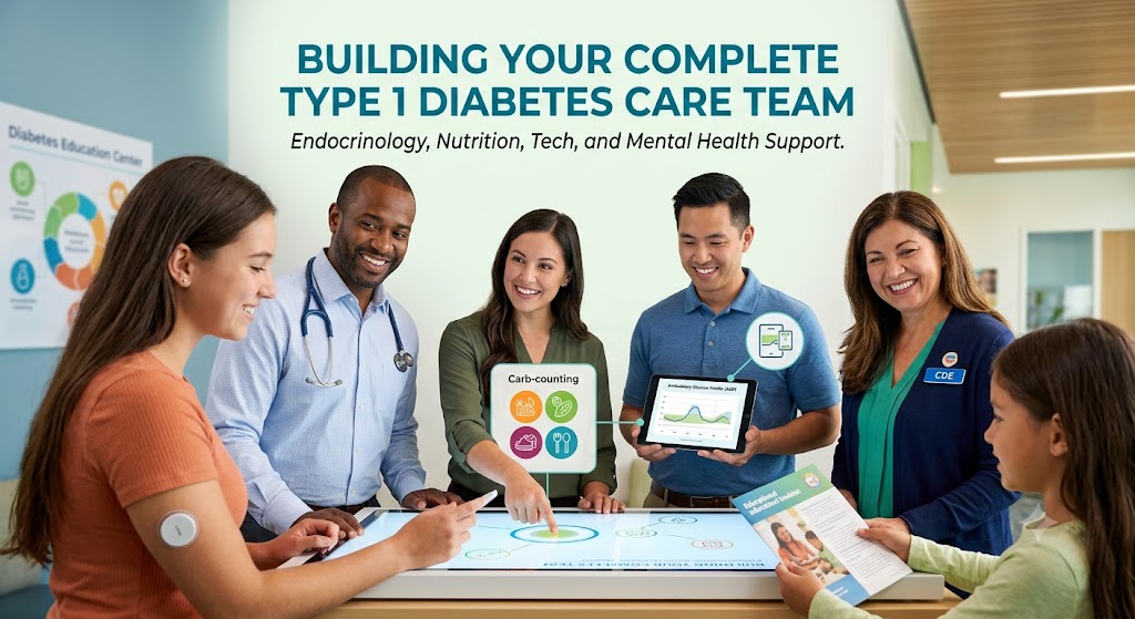 Complete Type 1 Diabetes Care Team meeting with a patient and family, including specialists in endocrinology, nutrition, diabetes technology, and mental health support.