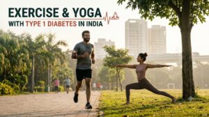 A man with a visible Continuous Glucose Monitor (CGM) runs and a woman performs a yoga pose (Warrior II) in a lush Indian park at golden hour. Bold text overlay reads 'MANAGING EXERCISE AND YOGA WITH TYPE 1 DIABETES IN INDIA (2026)' with a guiding subtitle. A small medical icon and '2026' text are integrated.