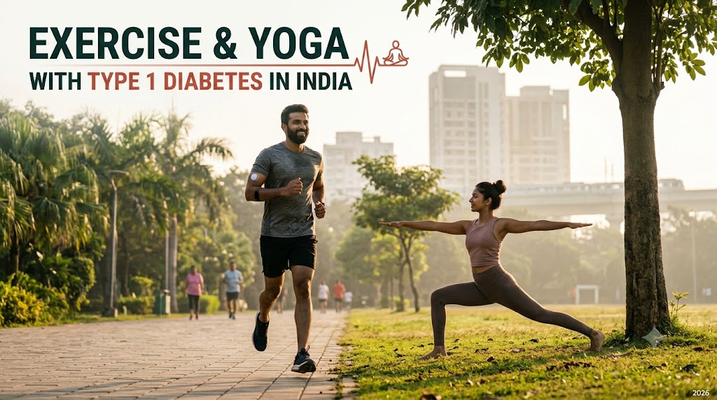 A man with a visible Continuous Glucose Monitor (CGM) runs and a woman performs a yoga pose (Warrior II) in a lush Indian park at golden hour. Bold text overlay reads 'MANAGING EXERCISE AND YOGA WITH TYPE 1 DIABETES IN INDIA (2026)' with a guiding subtitle. A small medical icon and '2026' text are integrated.