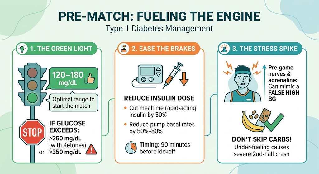 An educational medical infographic titled "Pre-Match: Fueling the Engine" illustrating a 3-step protocol for managing sports in type 1 diabetes. Step 1 (The Green Light) shows optimal blood glucose ranges between 120–180 mg/dL and stop parameters. Step 2 (Ease the Brakes) explains reducing rapid-acting mealtime insulin or pump basal rates. Step 3 (The Stress Spike) warns how pre-game adrenaline mimics a false high and advises against skipping carbohydrates.