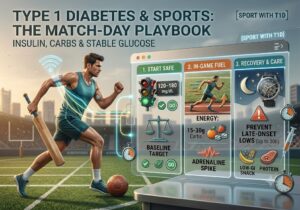 Infographic titled 'Type 1 Diabetes & Sports: The Match-Day Playbook' featuring an athlete with a CGM on a sports field. The image outlines a 3-step guide for managing sports in type 1 diabetes: 1. Start Safe (targeting 120-180 mg/dL), 2. In-Game Fuel (consuming 15-30g carbs), and 3. Recovery & Care (preventing late-onset lows up to 30 hours post-exercise).