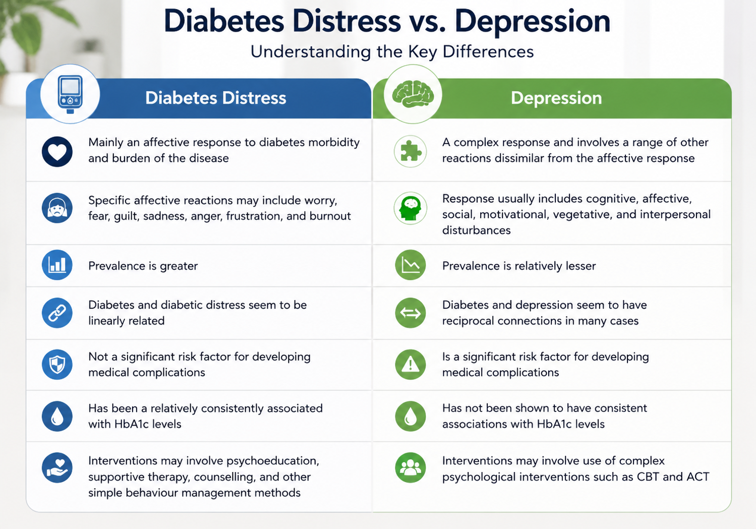 Mental Health with Type 1 Diabetes in India infographic comparing diabetes distress and depression, highlighting emotional symptoms, prevalence, HbA1c association, complications, and treatment approaches.