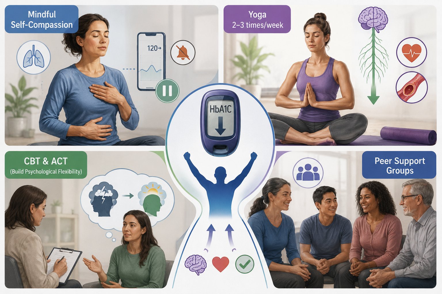 Medical infographic on Mental Health with Type 1 Diabetes in India showing mindful self-compassion, yoga, CBT and ACT therapy, and peer support groups as evidence-based strategies to reduce diabetes distress, prevent burnout, and improve HbA1c levels.