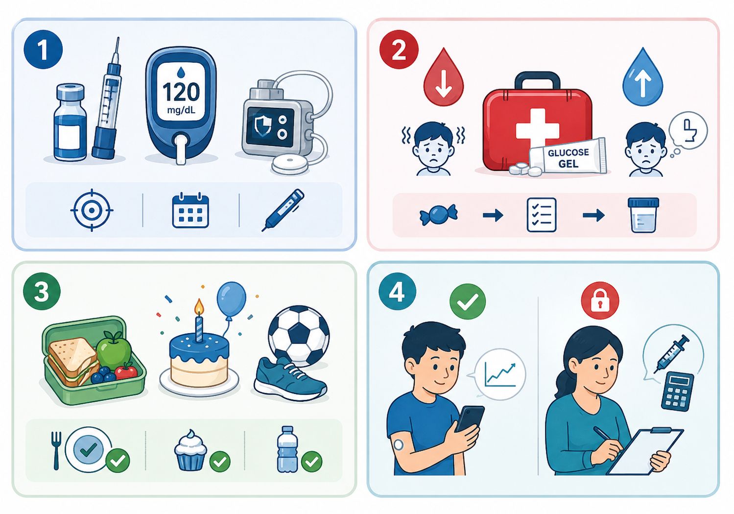 Infographic explaining the four pillars of a diabetes medical management plan for children with type 1 diabetes at school in India, including glucose monitoring, emergency care, nutrition, exercise, and independence levels.