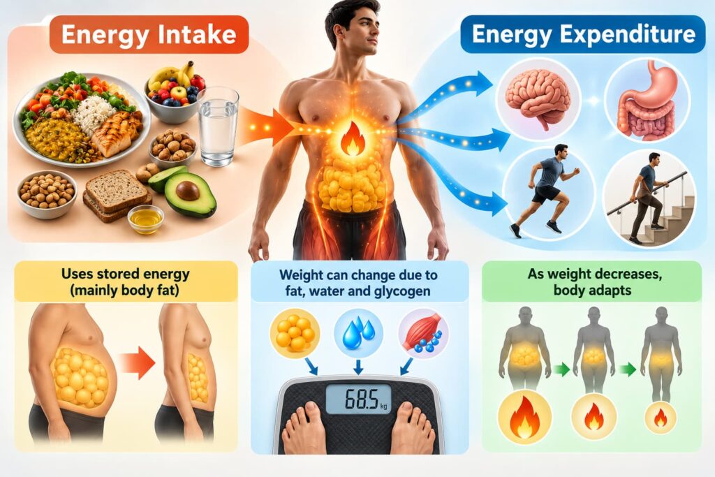 Weight loss explained through energy intake, energy expenditure, stored body fat, and body adaptation