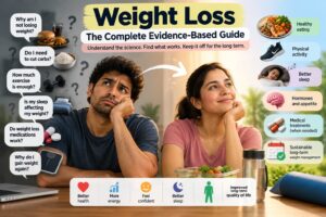 Weight loss guide showing healthy eating, physical activity, sleep, appetite, medications, and long-term weight management
